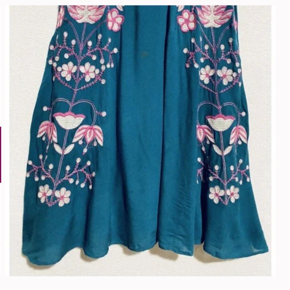 Entro Slip Dress Womens Teal Blue Boho Embroidered V Neck Flowy Boho Sz Med - Picture 2 of 13